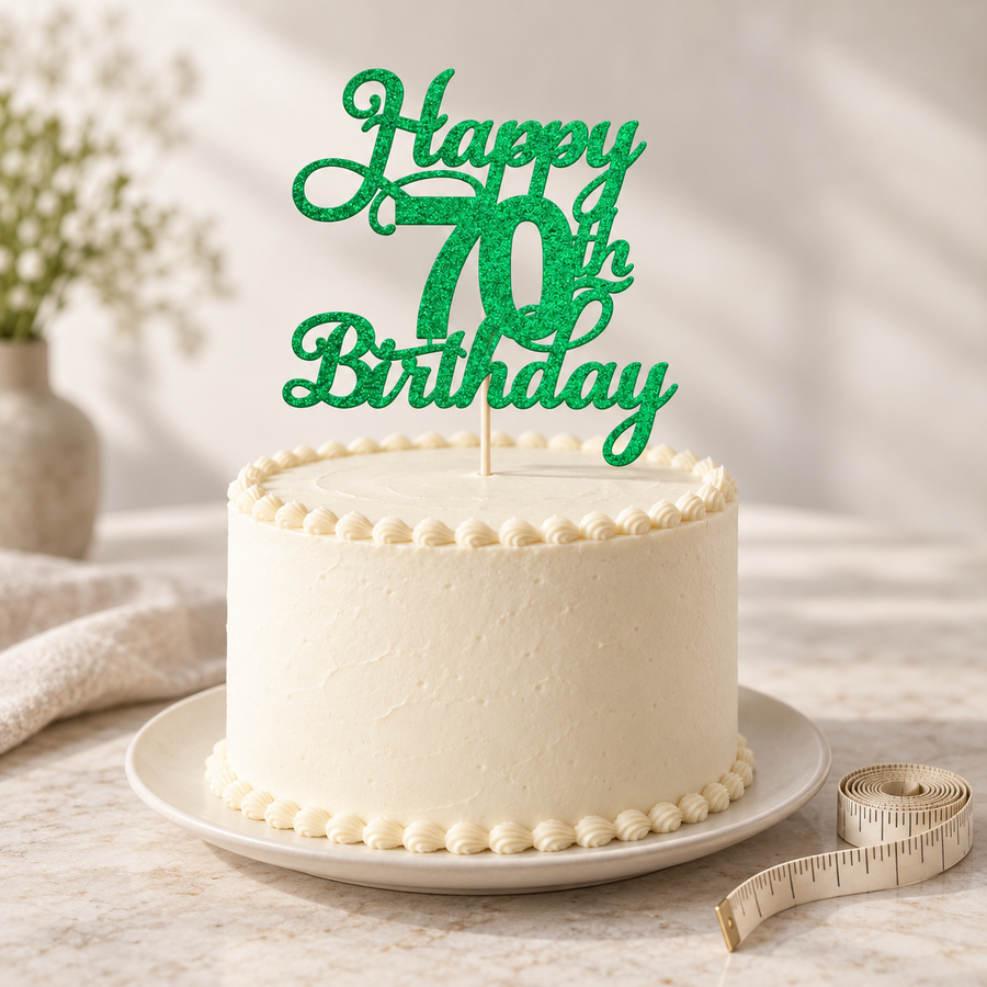 Green glitter Happy 70th Birthday topper on an ivory cake with a measuring tape beside it