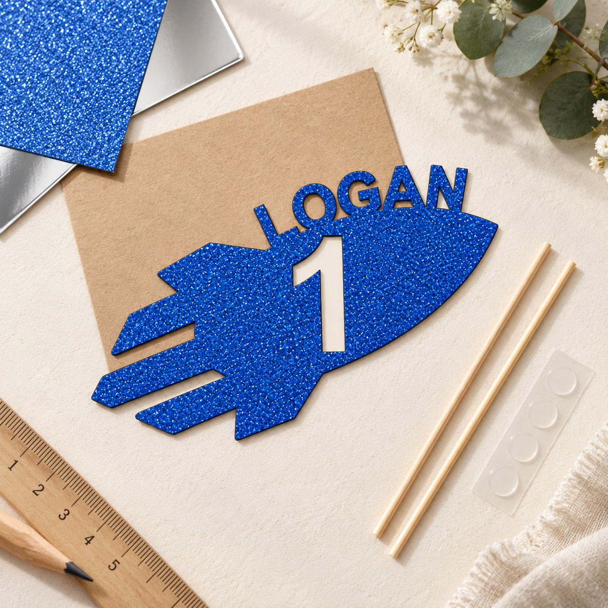Blue glitter LOGAN rocket cake topper with bamboo sticks, glue dots and card materials