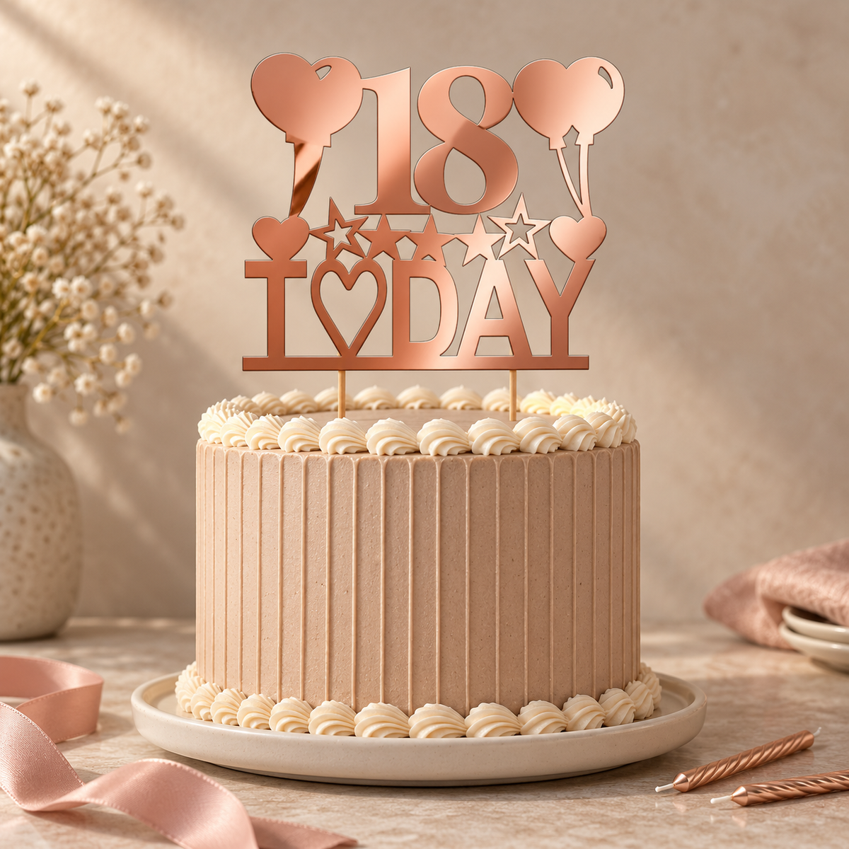 Rose-gold mirror 18 TODAY balloon and star cake topper on a ribbed mocha birthday cake