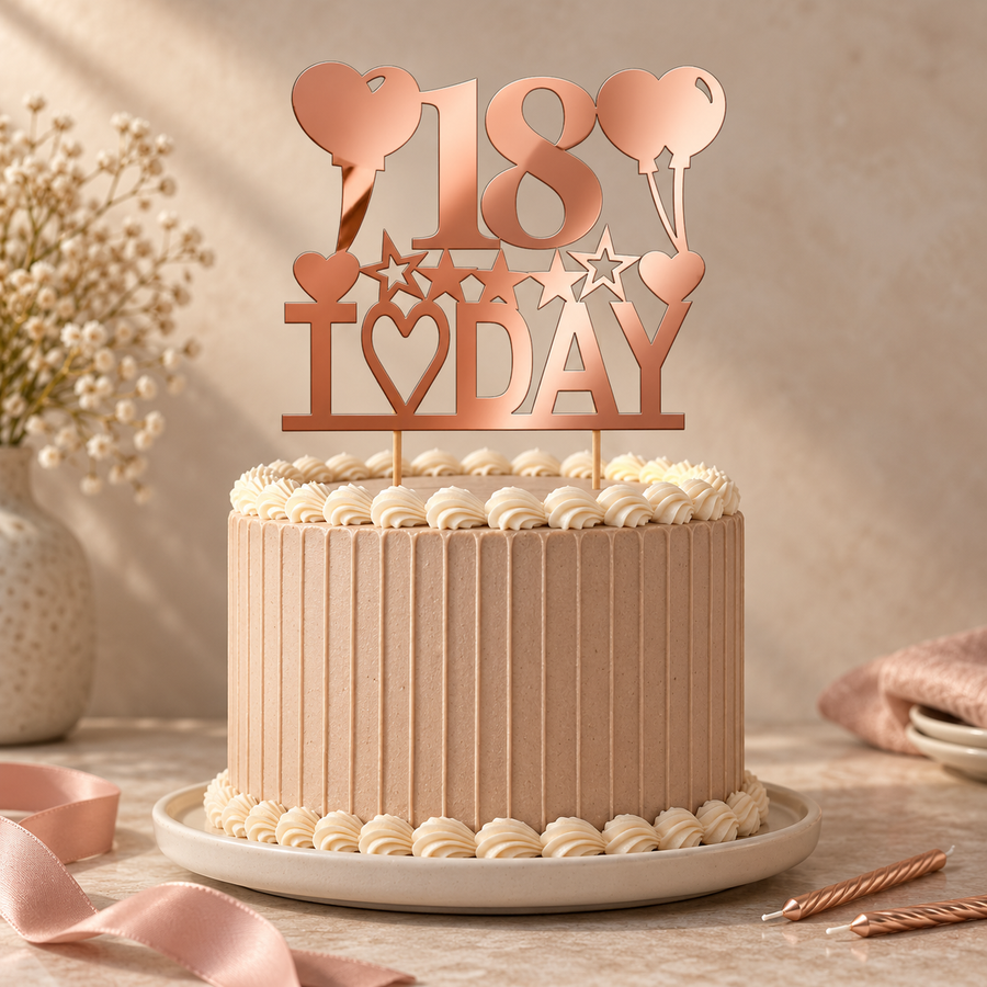 Rose-gold mirror 18 TODAY balloon and star cake topper on a ribbed mocha birthday cake