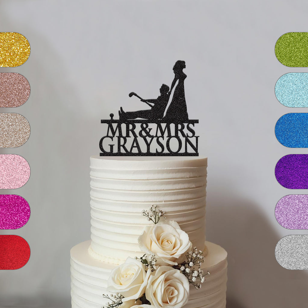 Personalised Golf-Loving Groom & Bride Cake Topper – Surname - hero