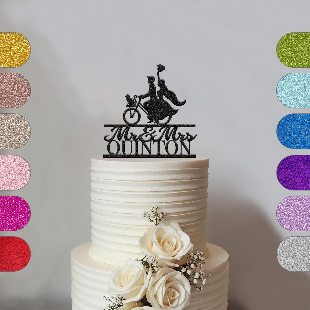Personalised Bicycle Wedding Couple & Cat Cake Topper – Surname - hero