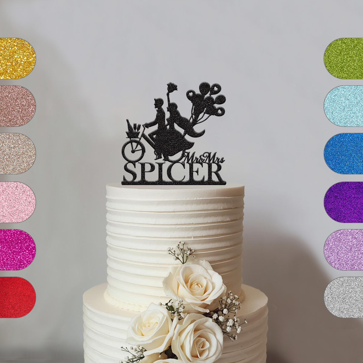 Personalised Bicycle Wedding Couple & Balloons Cake Topper – Surname - hero