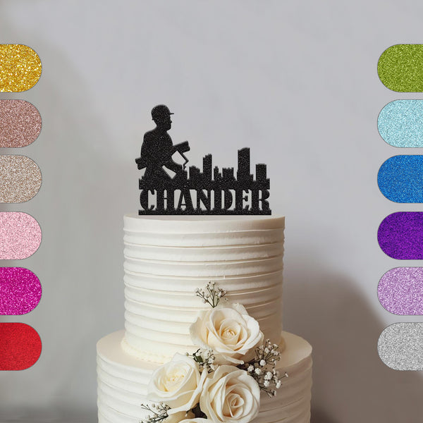 Personalised Construction Worker Skyline Cake Topper – Name - hero