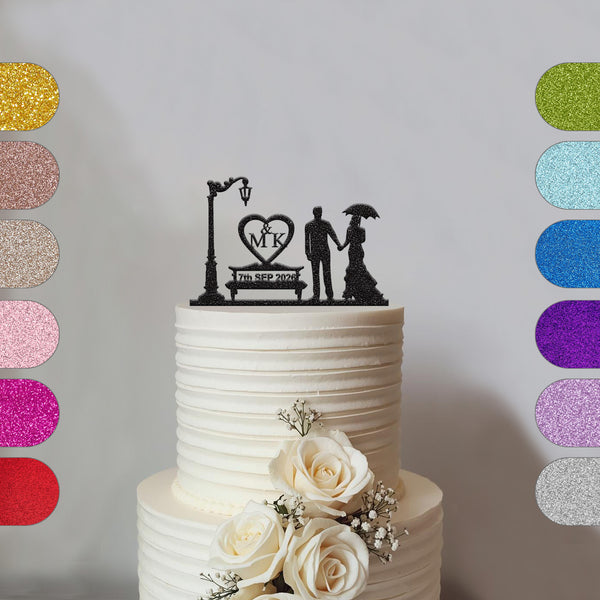 Personalised Umbrella Couple Heart Cake Topper – Initials & Date - hero