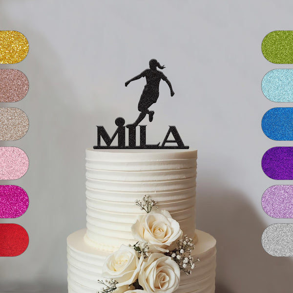 Personalised Female Footballer Silhouette Cake Topper – Name - hero