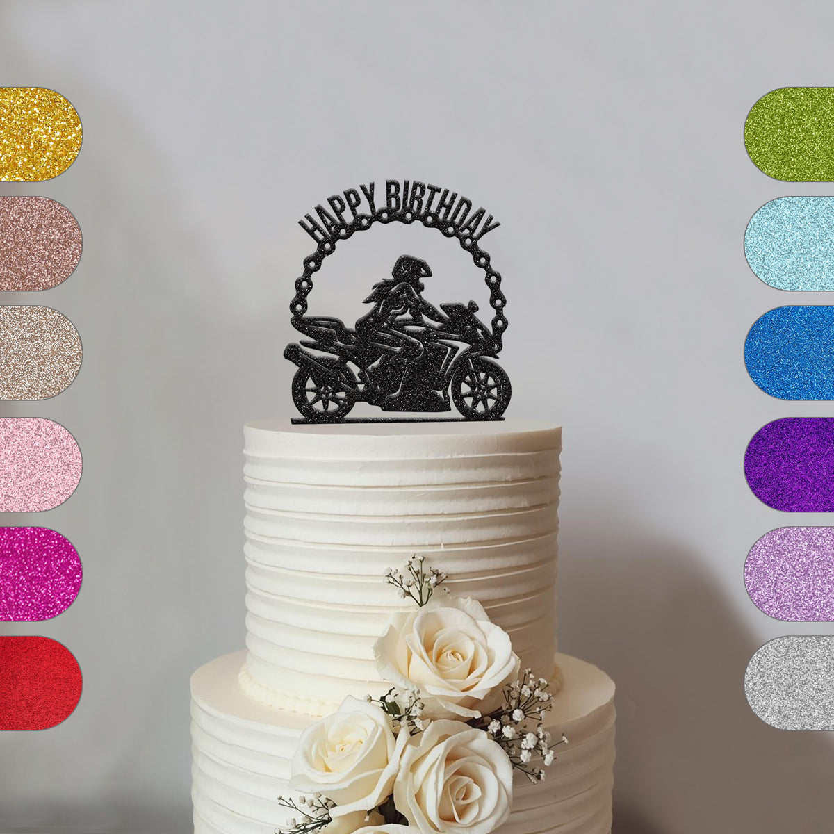 Happy Birthday Female Motorbike Rider Cake Topper - hero