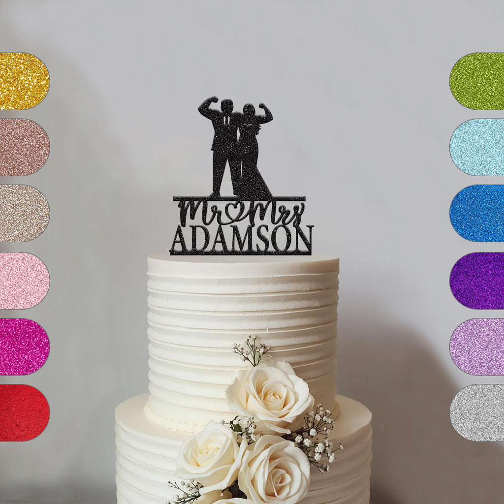 Personalised Flexing Fitness Couple Wedding Cake Topper – Surname - hero