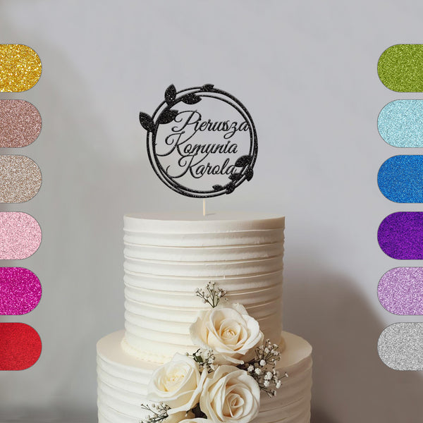 Personalised Polish Communion Double Leaf Hoop Cake Topper – Name - hero