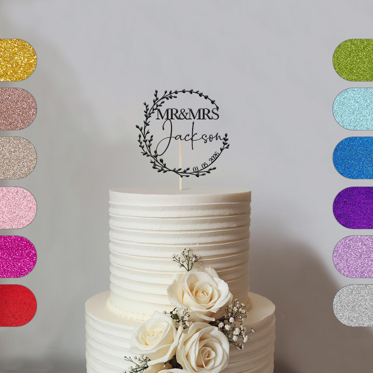 Personalised Leaf Wreath Wedding Cake Topper – Surname & Date - hero