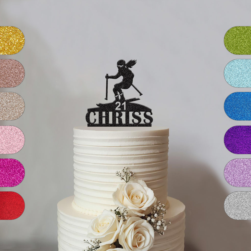 Personalised Female Skier Cake Topper – Name & Age - hero