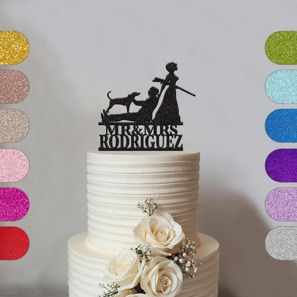 Personalised Hunting Wedding Couple with Dog Cake Topper – Surname - hero