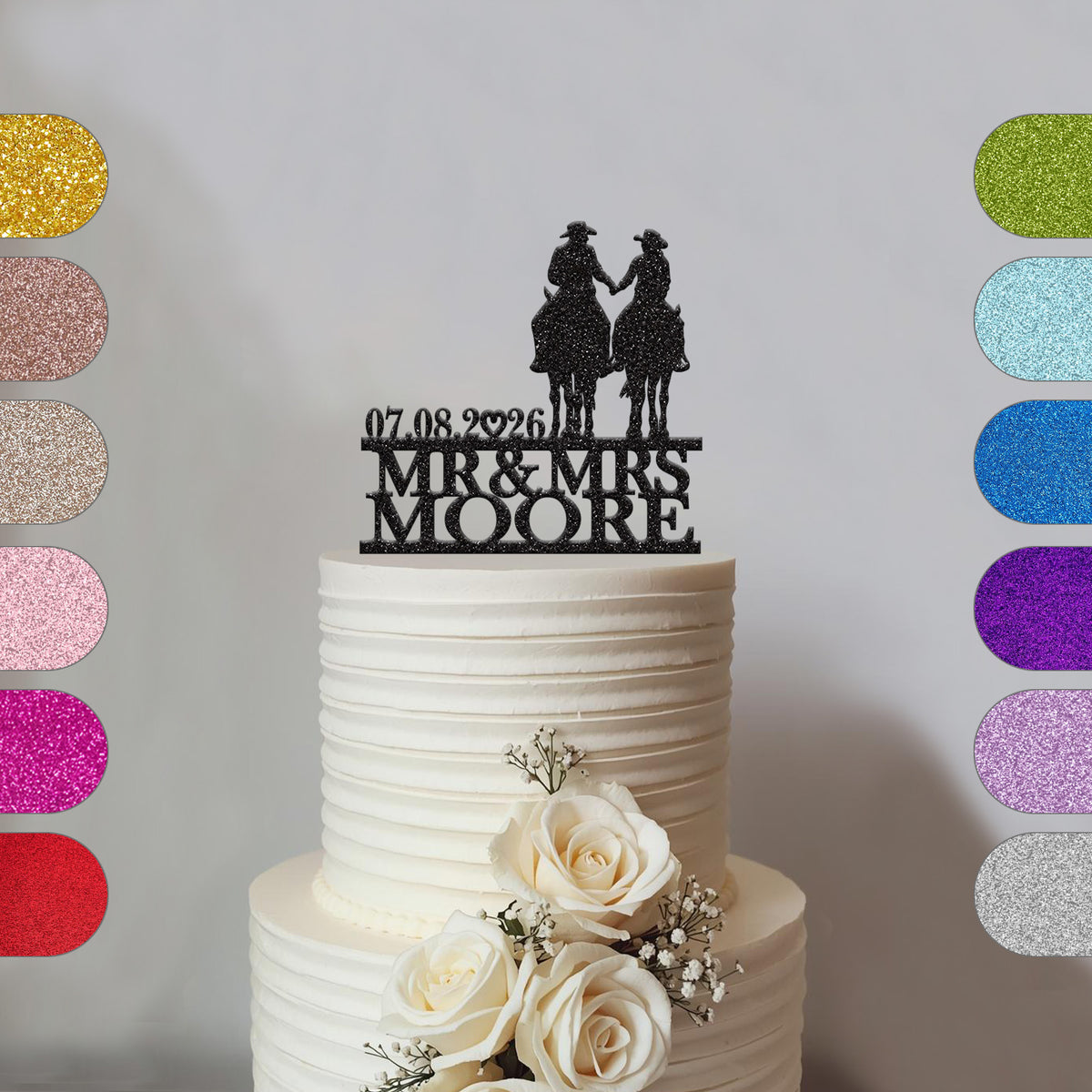 Personalised Horseback Couple Cake Topper – Surname & Date - hero