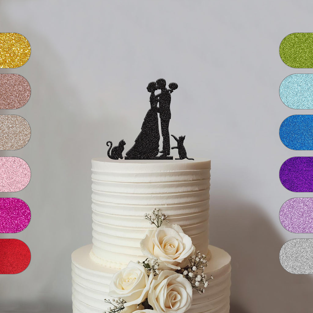 Kissing Wedding Couple with Two Cats Cake Topper - hero