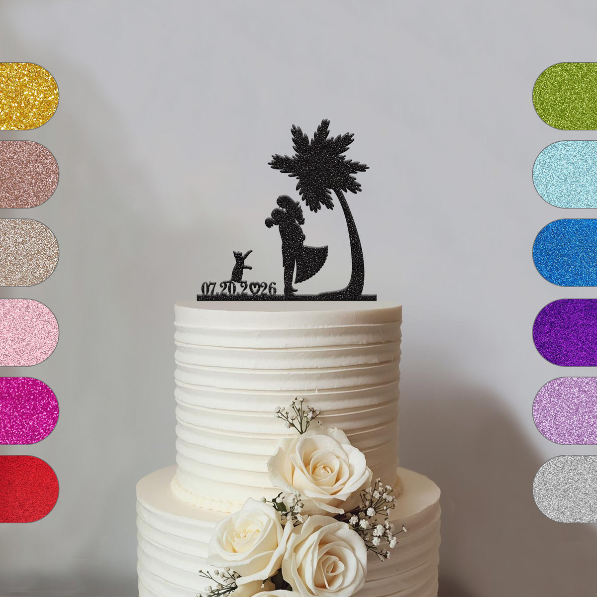 Personalised Palm Tree Wedding Couple and Cat Cake Topper – Date - hero