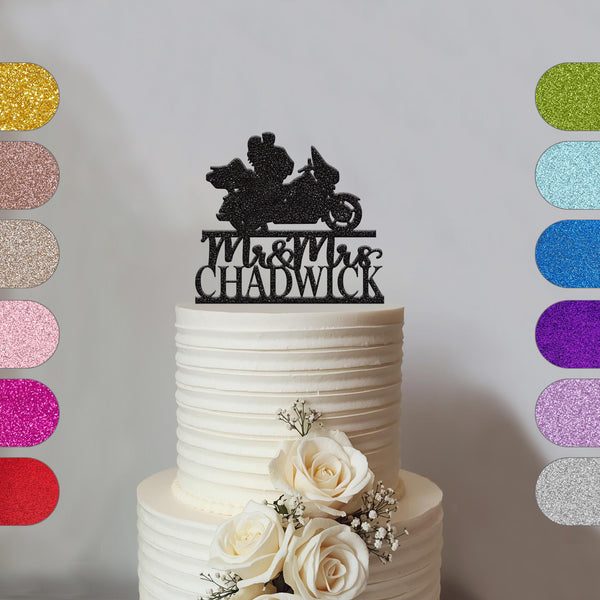 Personalised Touring Motorbike Wedding Couple Cake Topper – Surname - hero