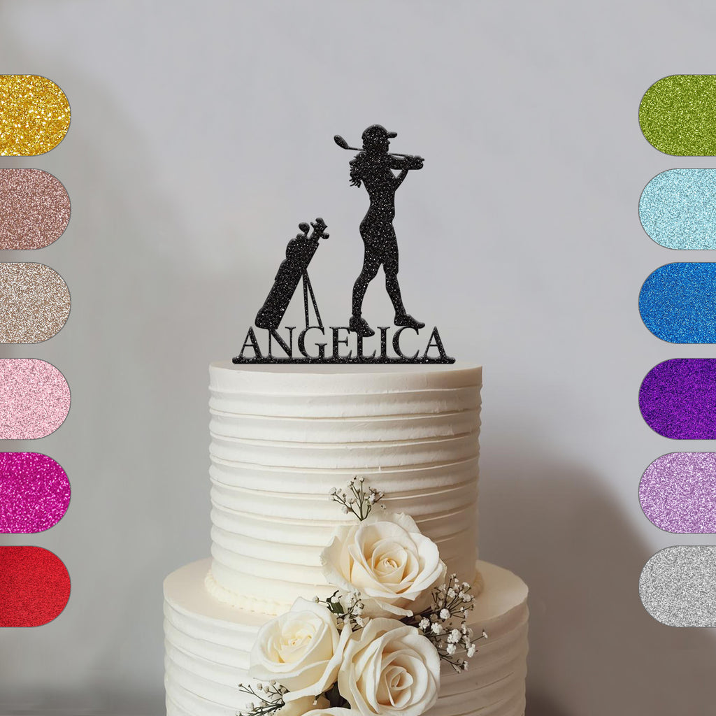 Personalised Female Golfer & Golf Bag Cake Topper – Name - hero