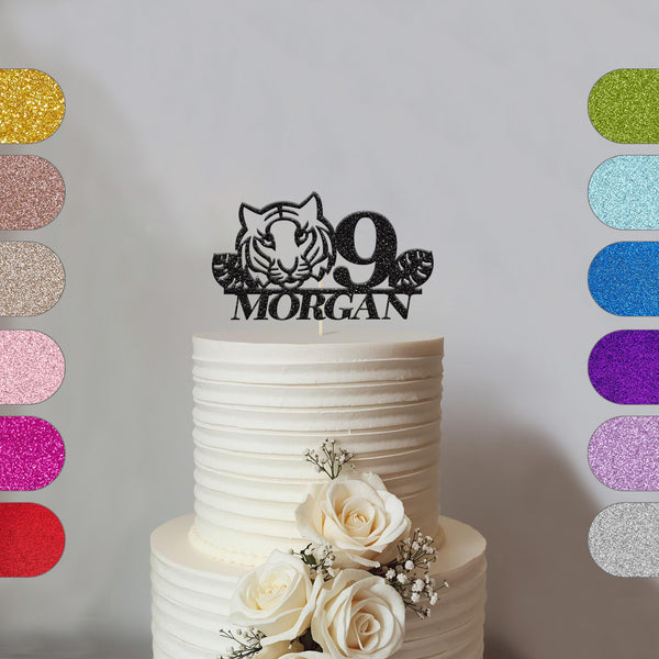 Personalised Tiger Face & Tropical Leaves Cake Topper – Name & Age - hero