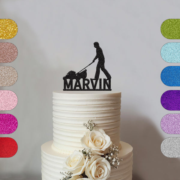 Personalised Gardener with Lawnmower Cake Topper – Name - hero