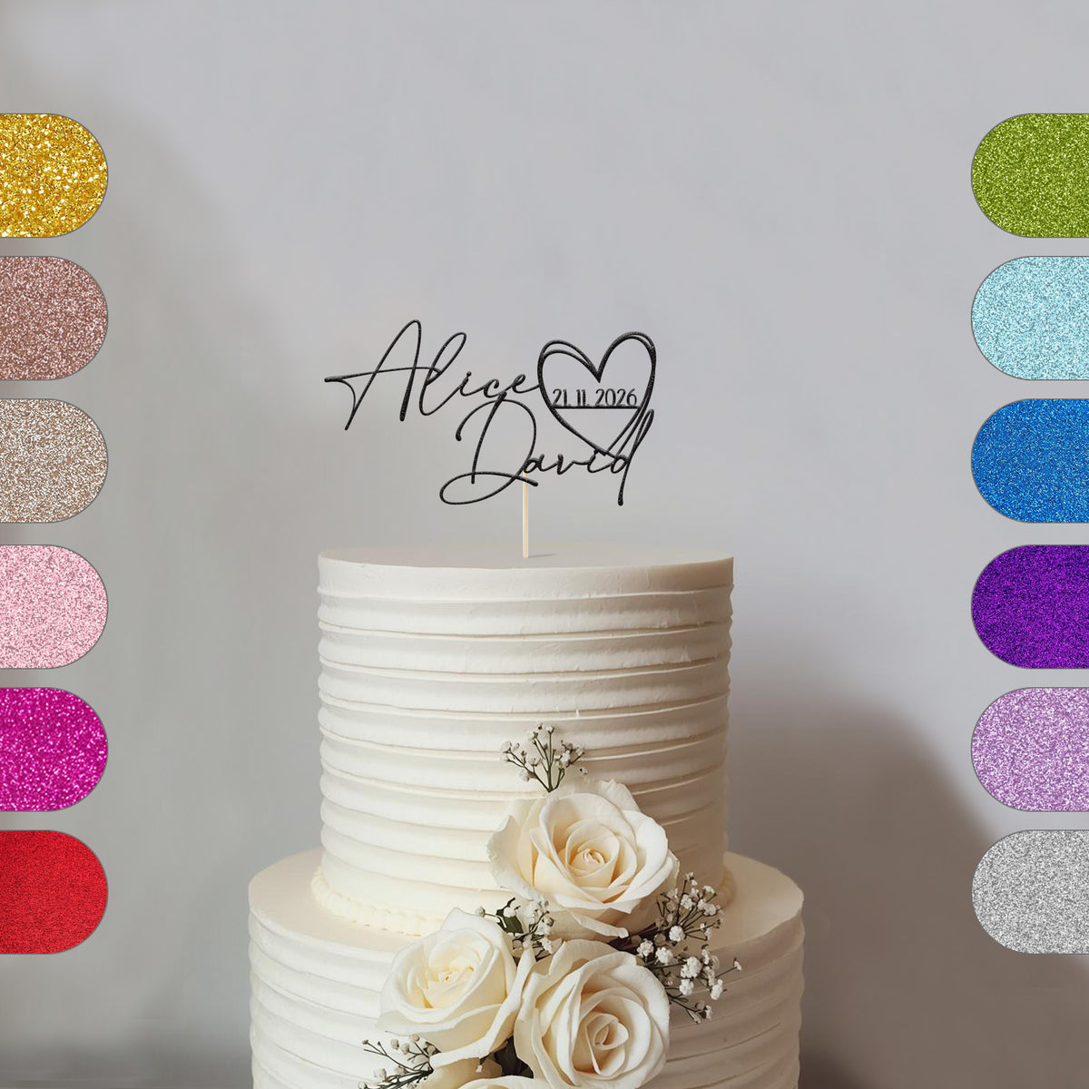 Personalised Couple Names and Date Heart Wedding Cake Topper - hero