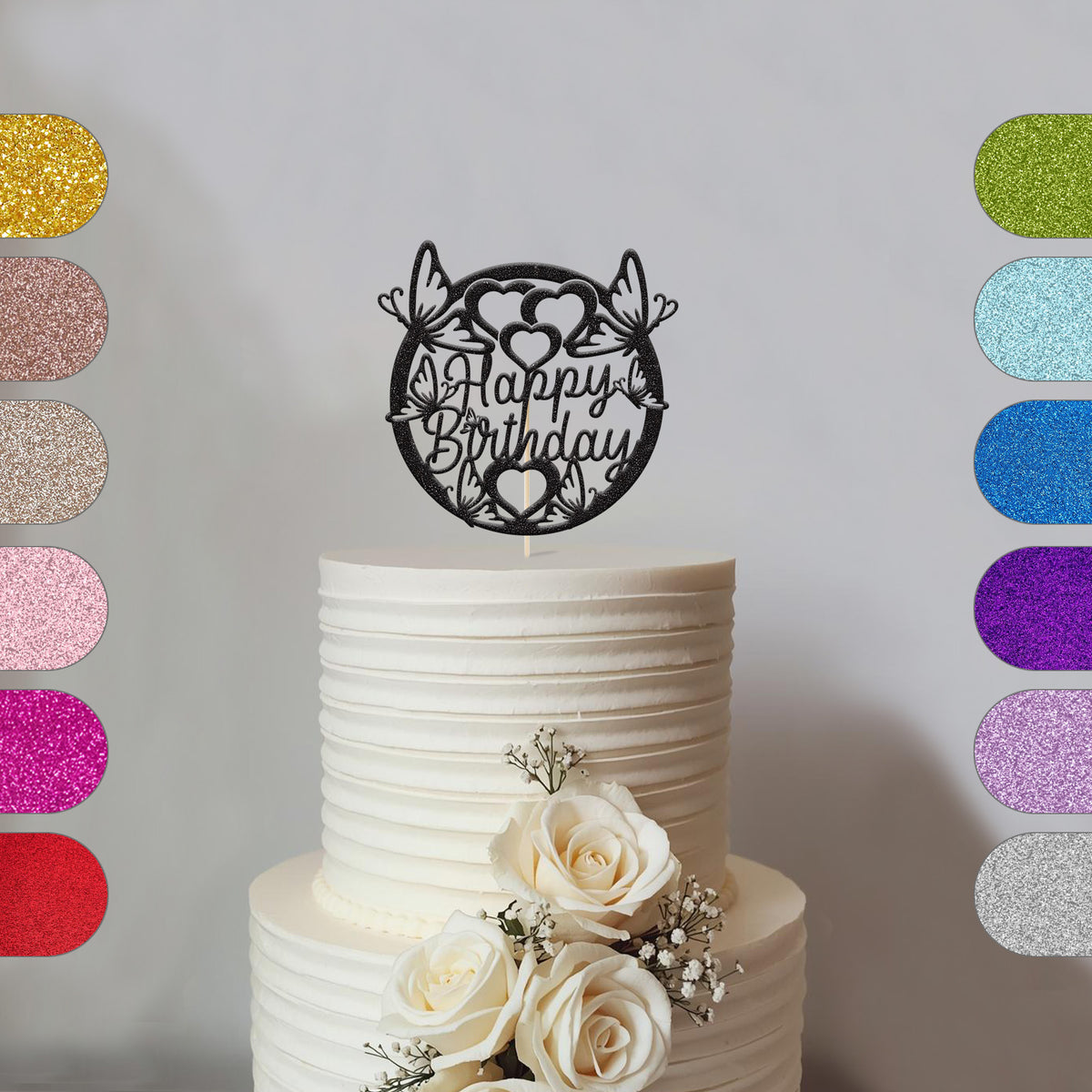 Happy Birthday Butterflies and Hearts Circle Cake Topper - hero
