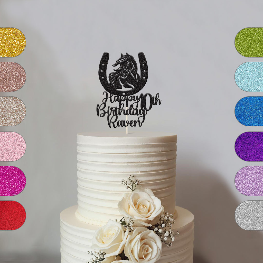 Personalised Horse and Horseshoe Birthday Cake Topper Any Age and Name - hero