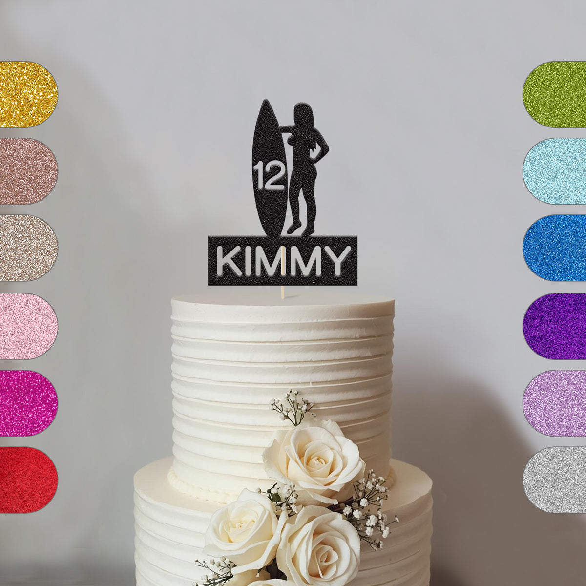 Personalised Female Surfer Birthday Cake Topper Any Age and Name - hero