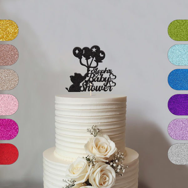 Personalised Elephant and Balloons Baby Shower Cake Topper with Name - hero