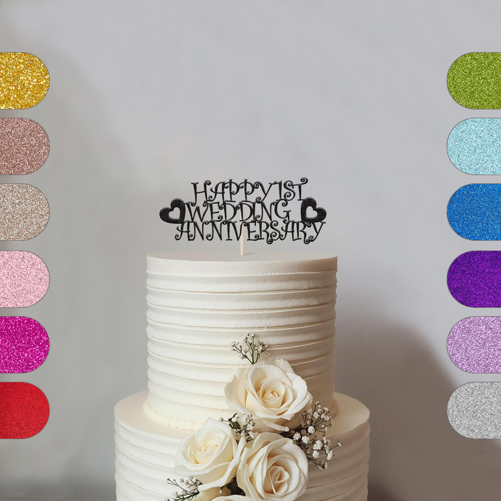 First Wedding Anniversary Curly Hearts Cake Topper - hero