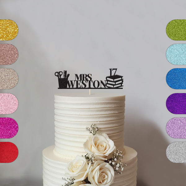 Personalised Teacher Books Birthday Cake Topper – Surname & Age - hero