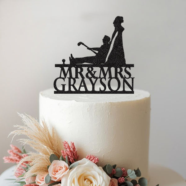 Personalised Golf-Loving Groom & Bride Cake Topper – Surname - view 2