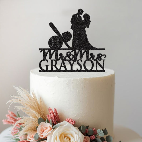 Personalised Baseball Bat & Ball Wedding Cake Topper – Surname - view 2