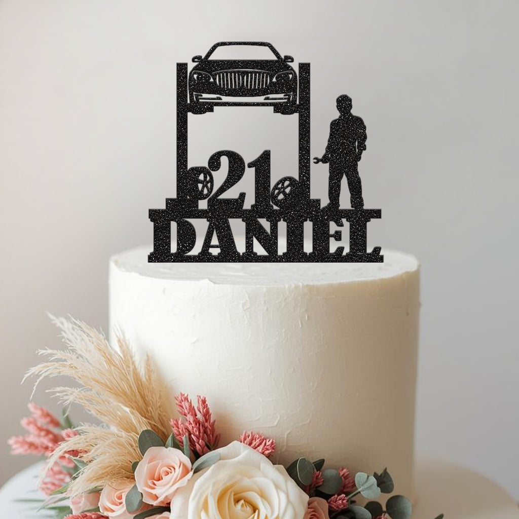 Personalised Mechanic Car Lift 21st Birthday Cake Topper – Name - view 2