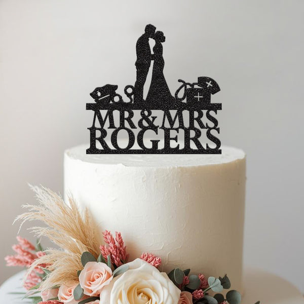Personalised Kissing Police & Nurse Wedding Cake Topper – Surname - view 2