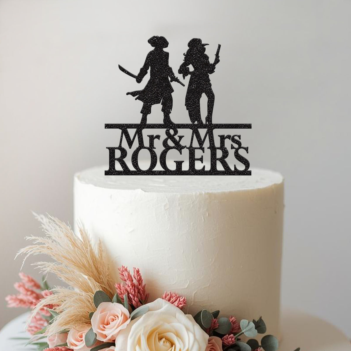 Personalised Pirate Couple Wedding Cake Topper – Surname - view 2