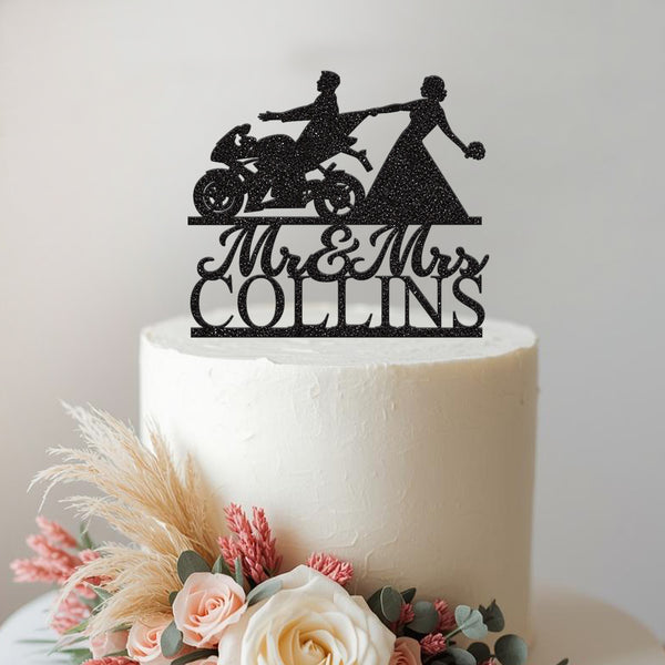 Personalised Sports Motorbike Wedding Couple Cake Topper – Surname - view 2
