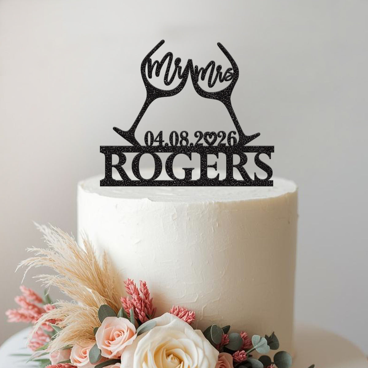 Personalised Clinking Wine Glasses Wedding Cake Topper – Surname & Date - view 2