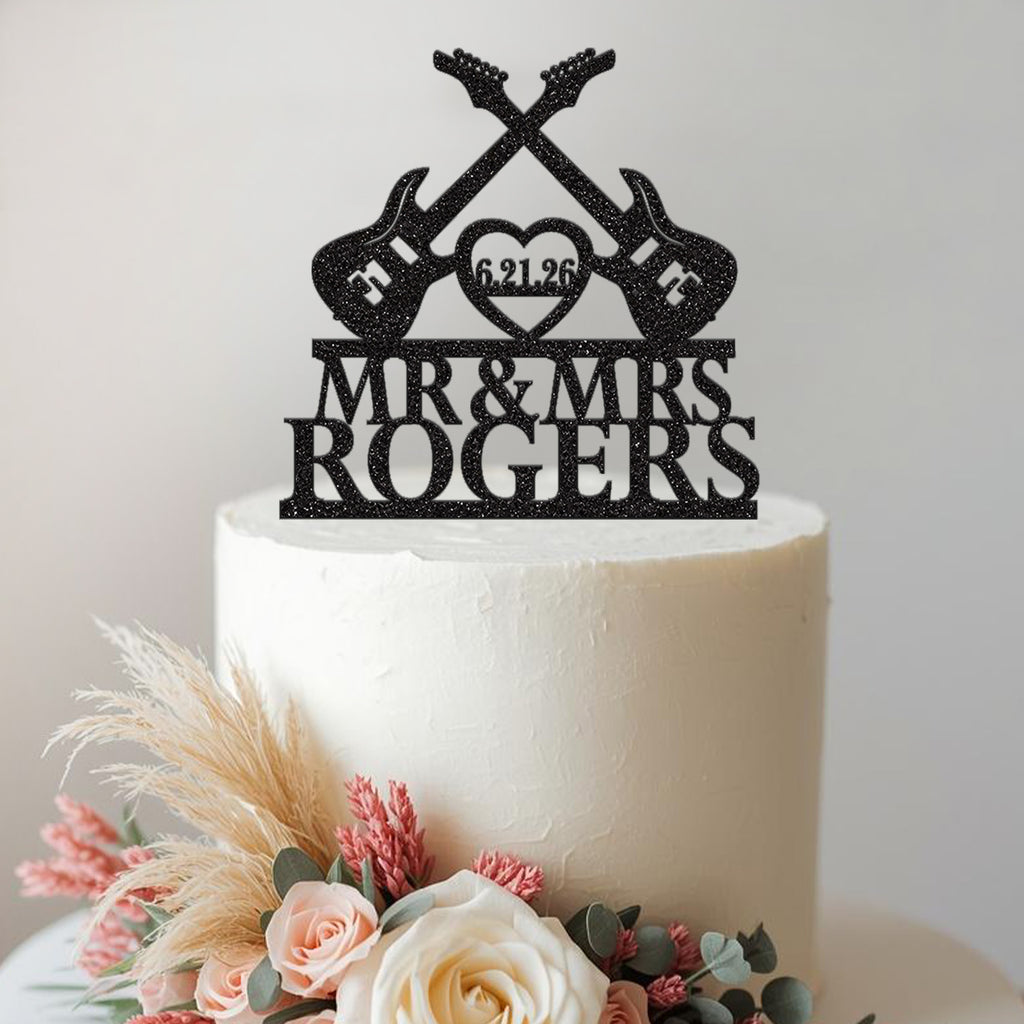 Personalised Crossed Guitars Wedding Cake Topper – Surname & Date - view 2