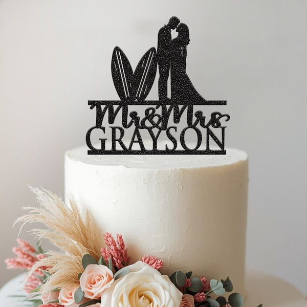 Personalised Surfing Couple Wedding Cake Topper – Surname - view 2