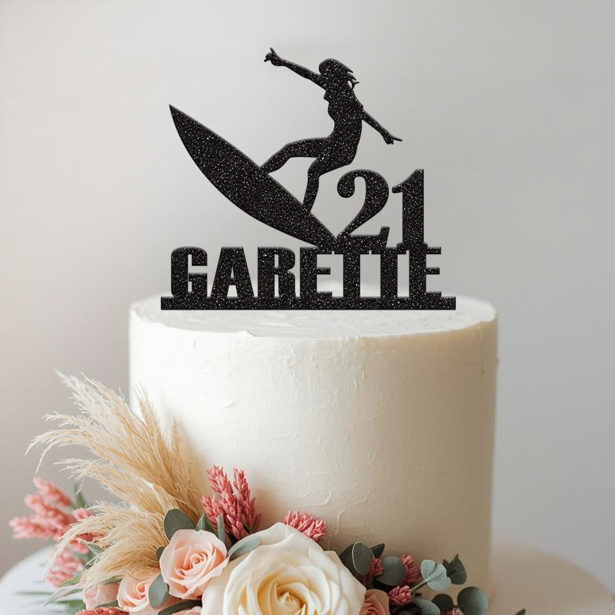 Personalised Female Surfer on Board Cake Topper – Name & Age - view 2