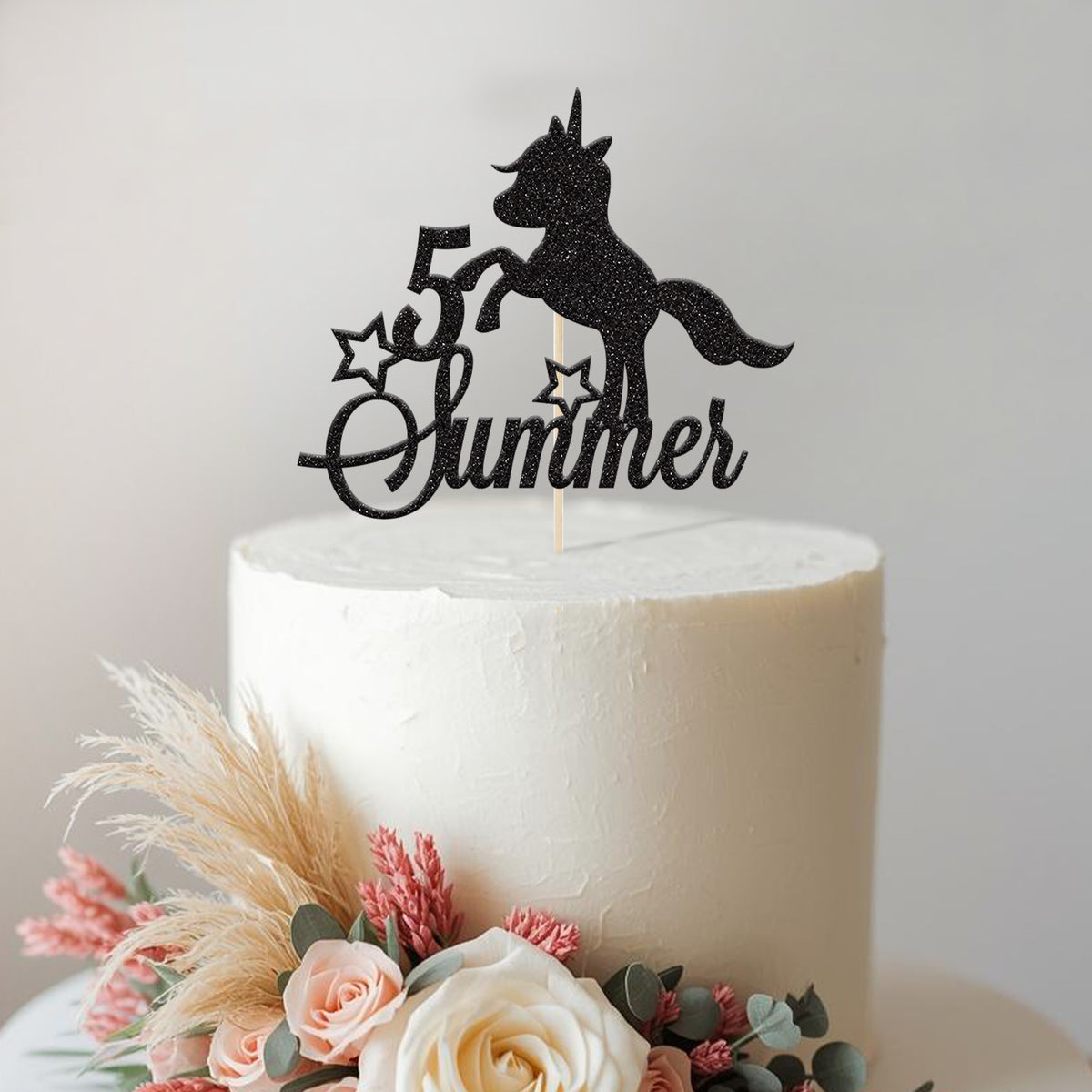 Personalised Unicorn & Stars Script Cake Topper – Name & Age - view 2