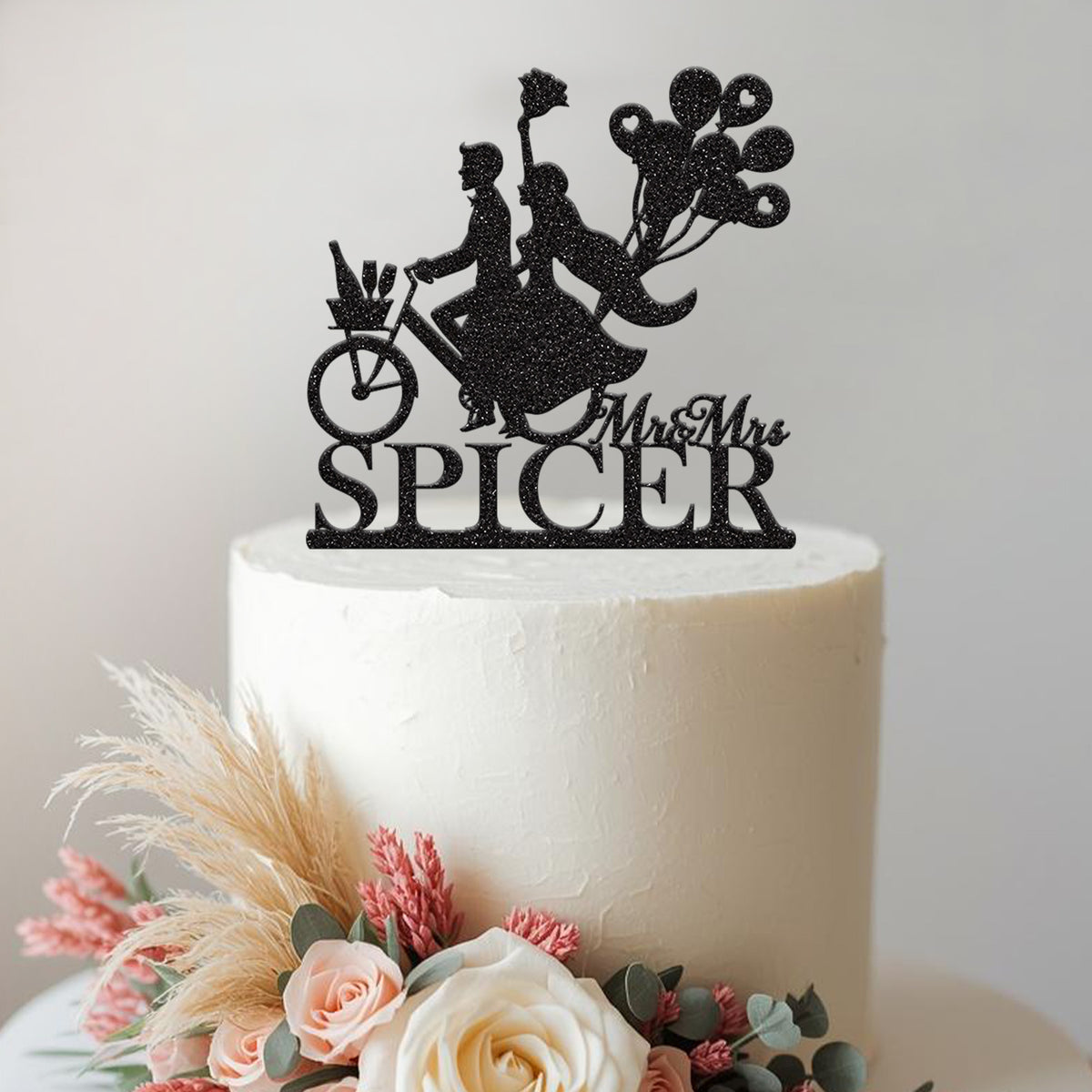 Personalised Bicycle Wedding Couple & Balloons Cake Topper – Surname - view 2 Main image