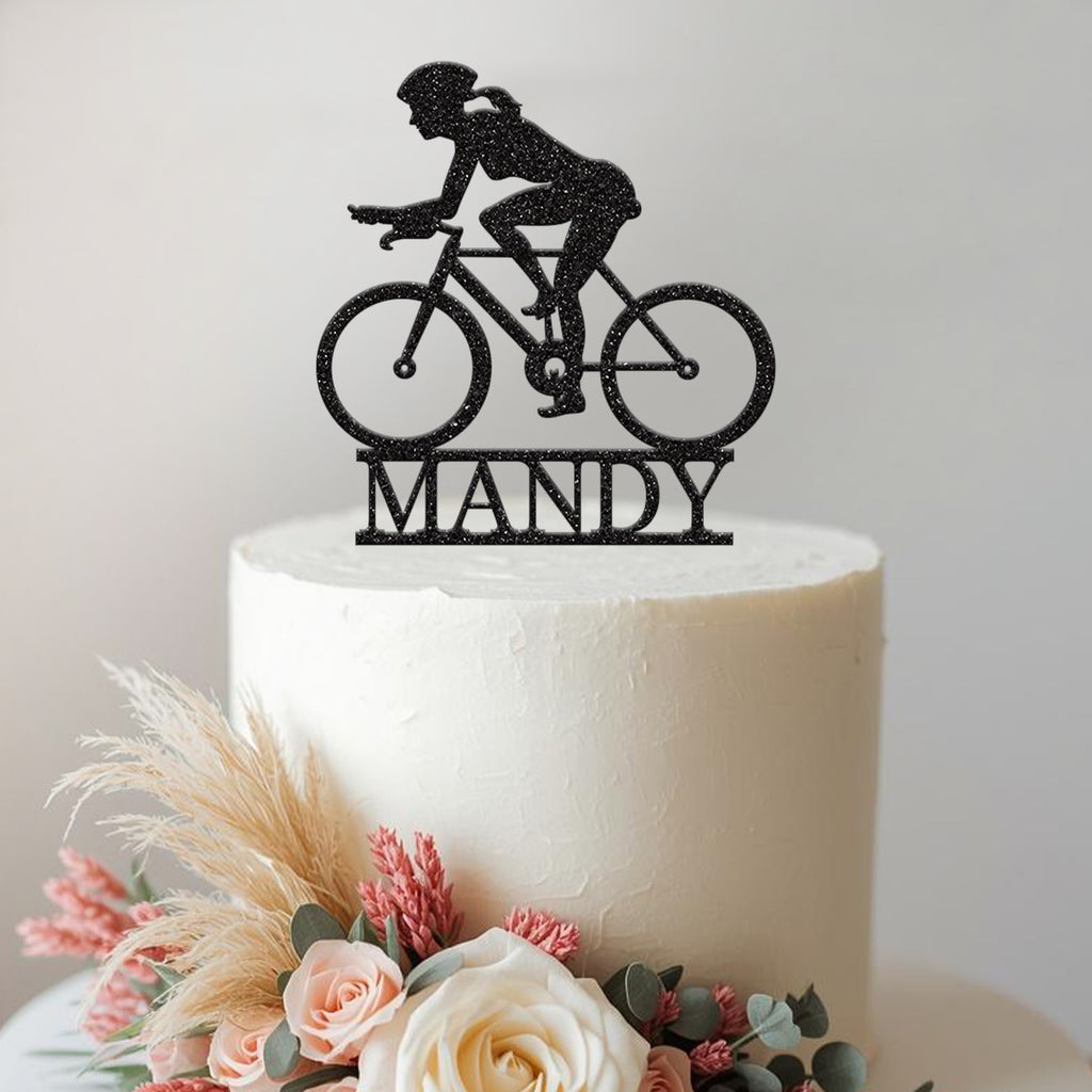 Personalised Female Road Cyclist Cake Topper – Name - view 2