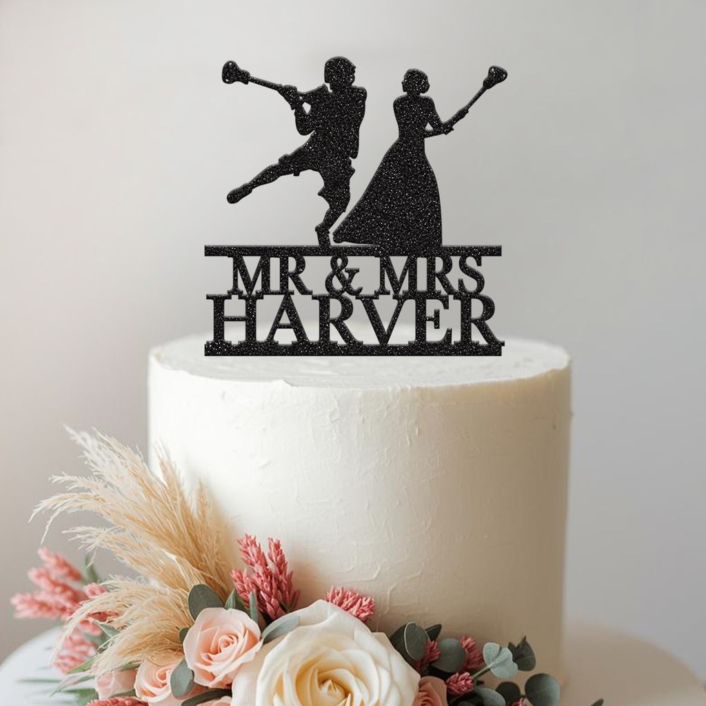 Personalised Lacrosse Couple Wedding Cake Topper – Surname - view 2