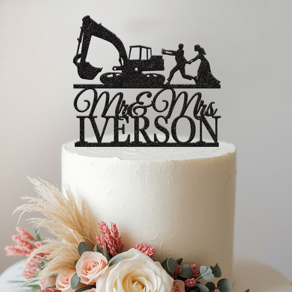 Personalised Excavator Wedding Couple Cake Topper – Surname - view 2