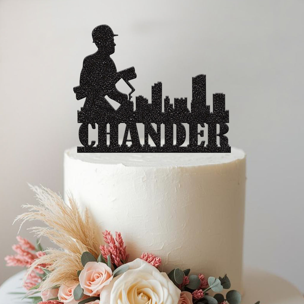 Personalised Construction Worker Skyline Cake Topper – Name - view 2