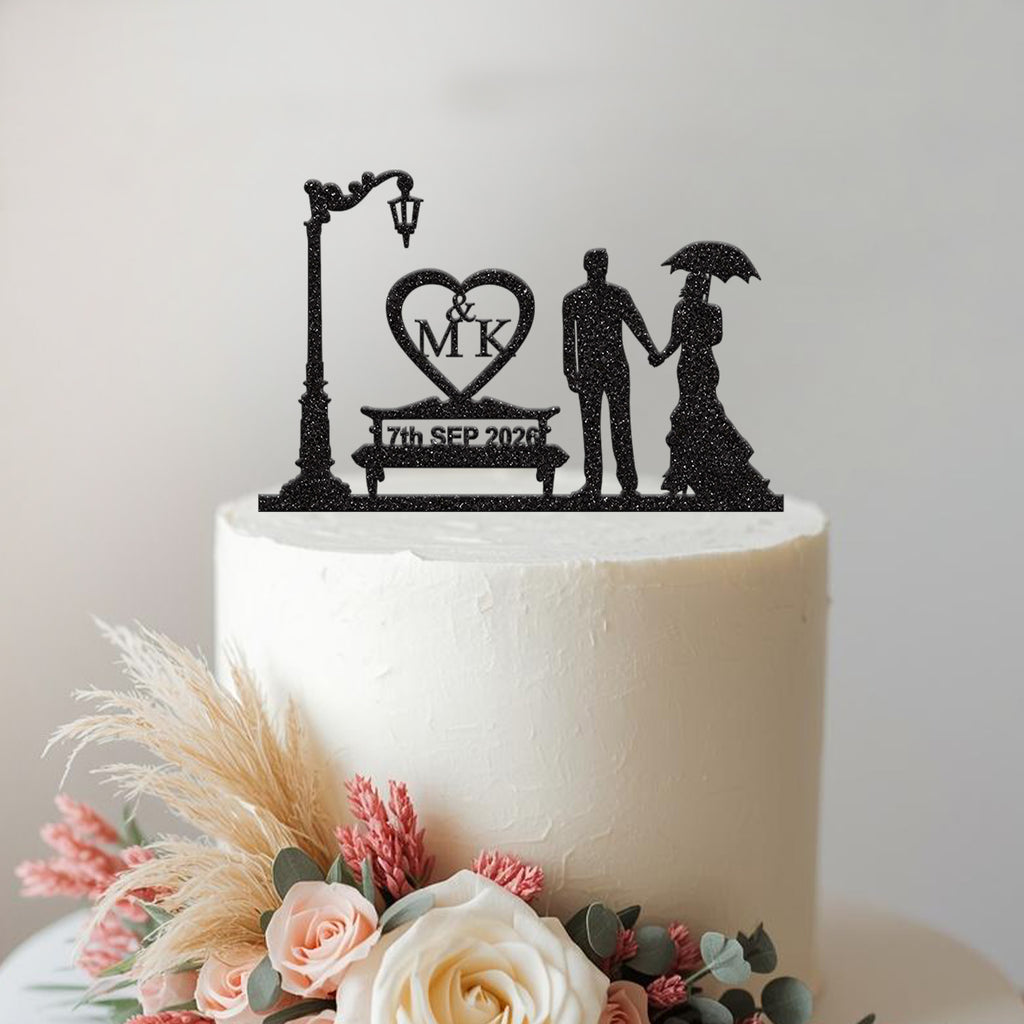 Personalised Umbrella Couple Heart Cake Topper – Initials & Date - view 2