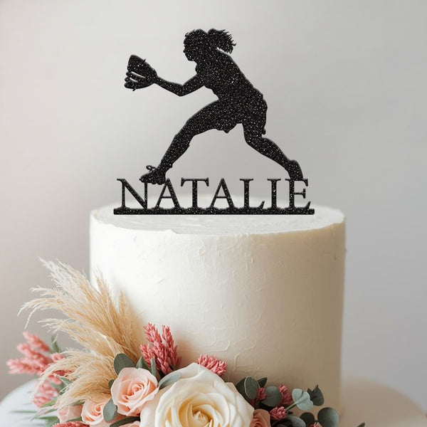 Personalised Female Softball Fielder Cake Topper – Name - view 2