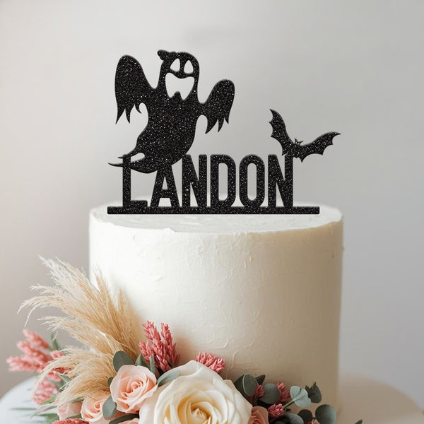 Personalised Ghost and Bat Halloween Cake Topper – Name - view 2