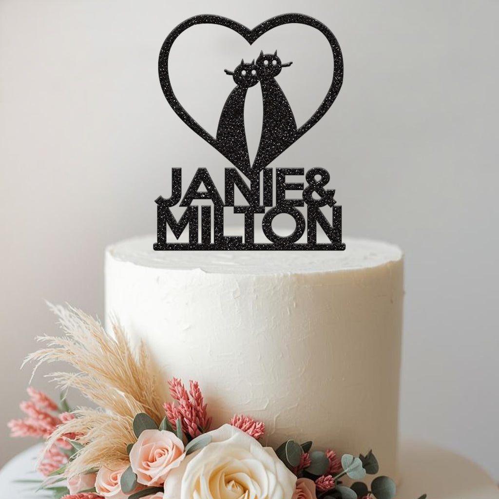 Personalised Cats in a Heart Wedding Cake Topper – Names - view 2